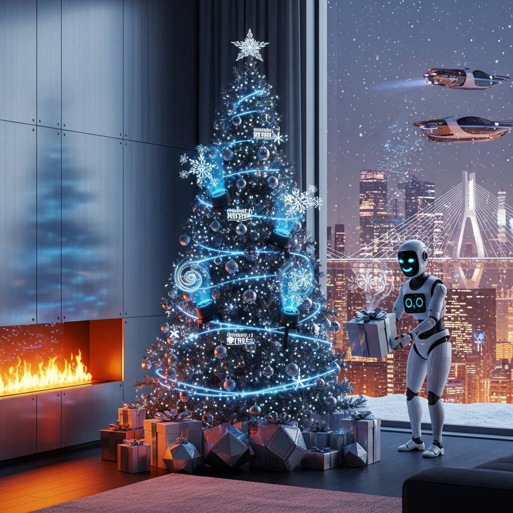 robot with the christmas tree in the room