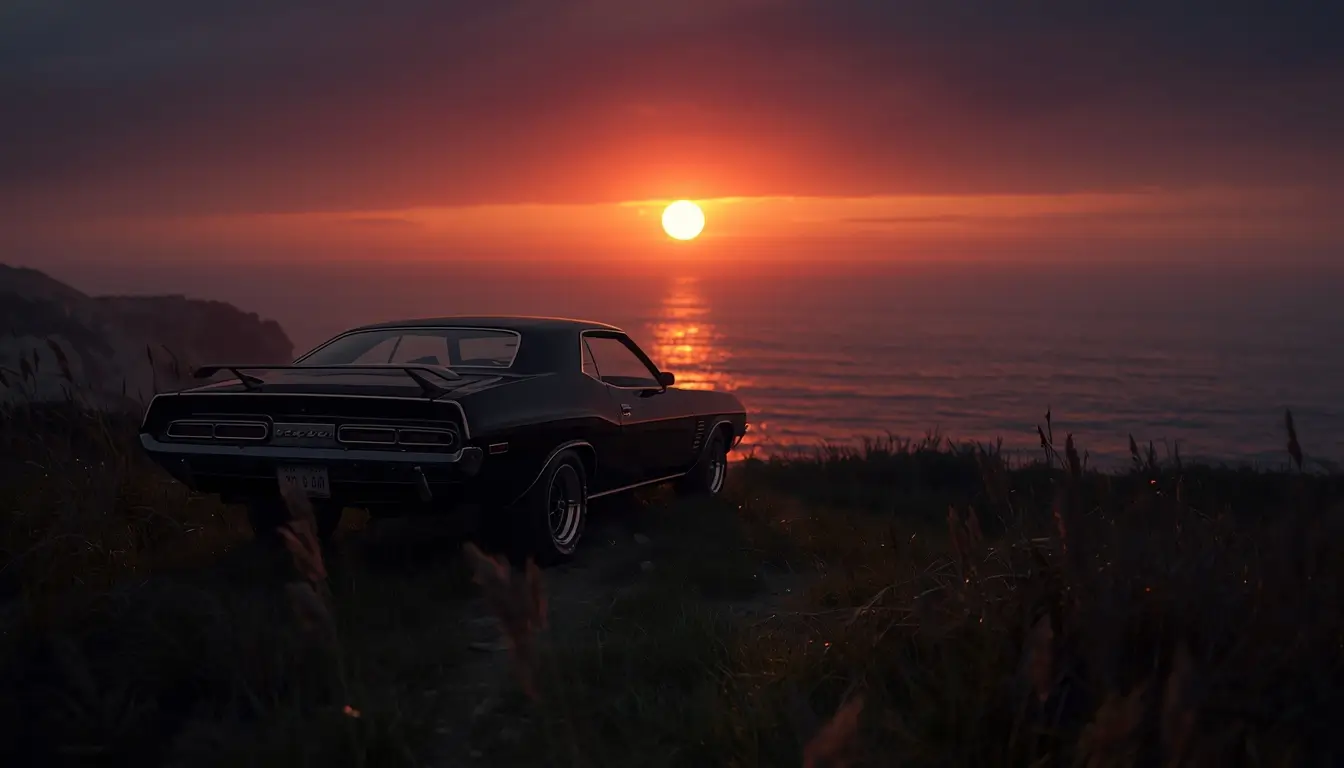 4K car wallpaper of a classic black muscle car parked on a cliff with ocean sunset reflections and dramatic evening sky