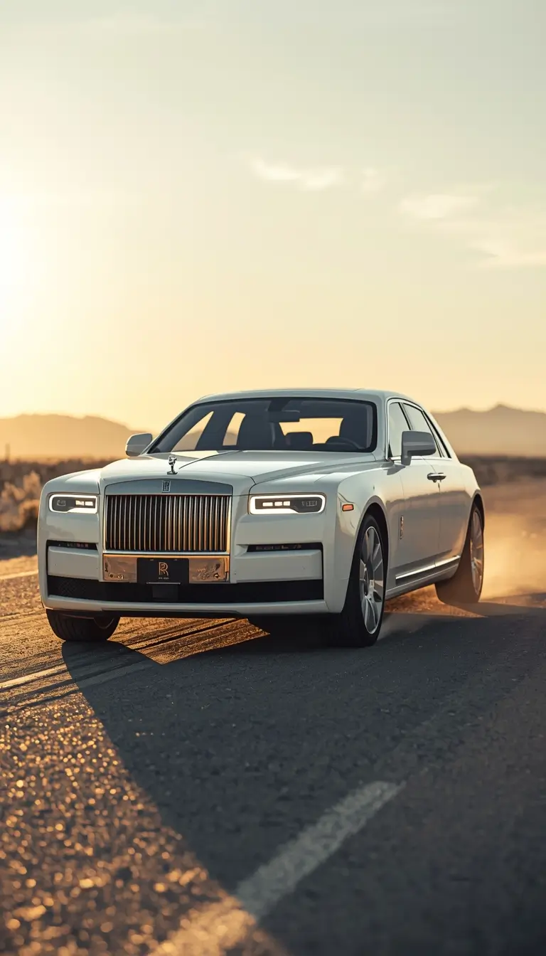 4k-car-wallpaper of a luxury white sedan driving on an empty desert highway during golden hour