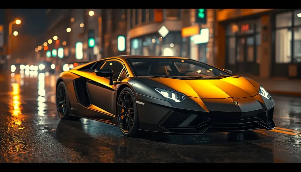 4k-car-wallpaper featuring a matte black supercar on a rainy city street at night with glowing lights