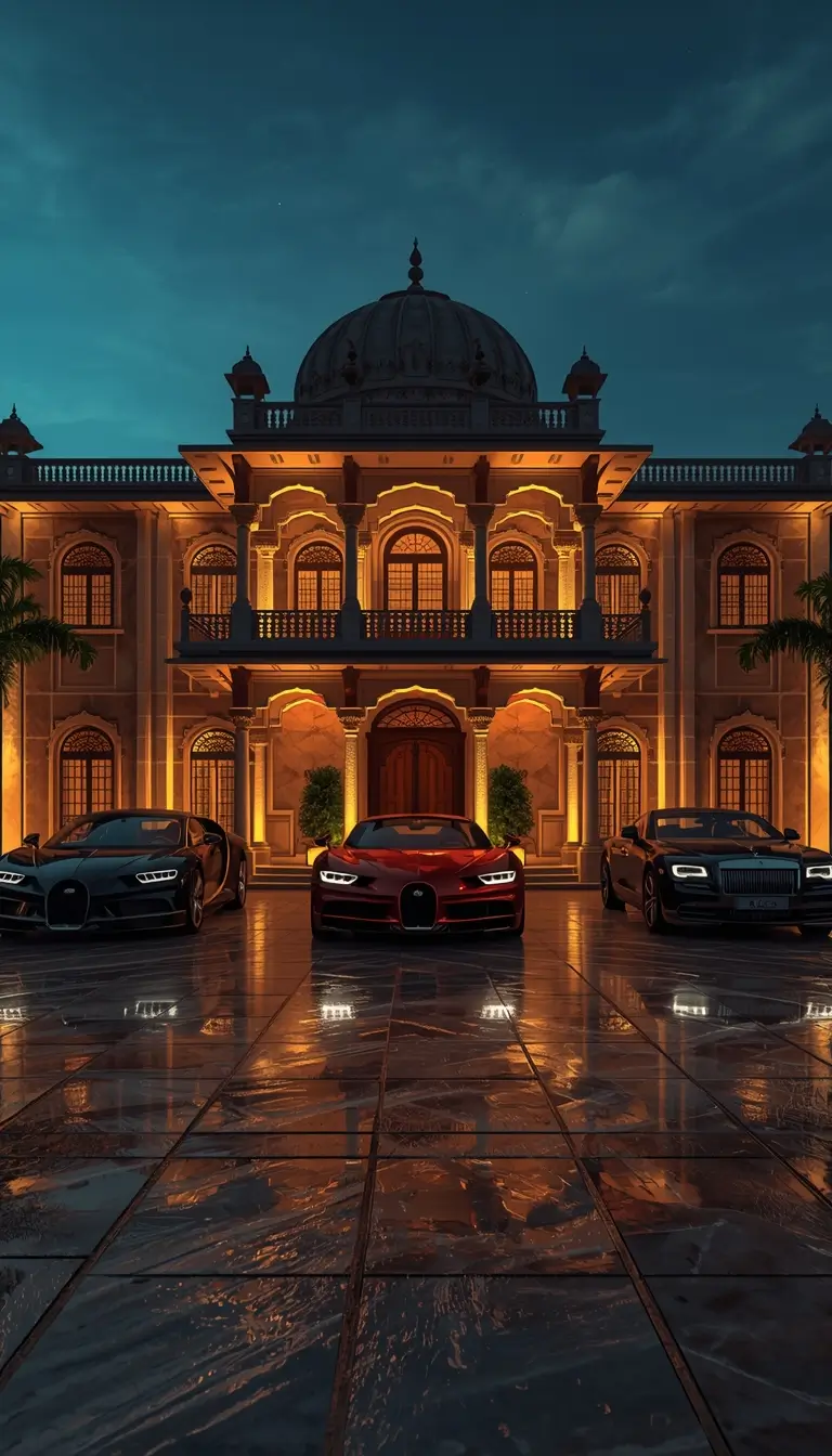 4k-car-wallpaper featuring exotic luxury cars parked in front of a royal palace at night with golden lighting