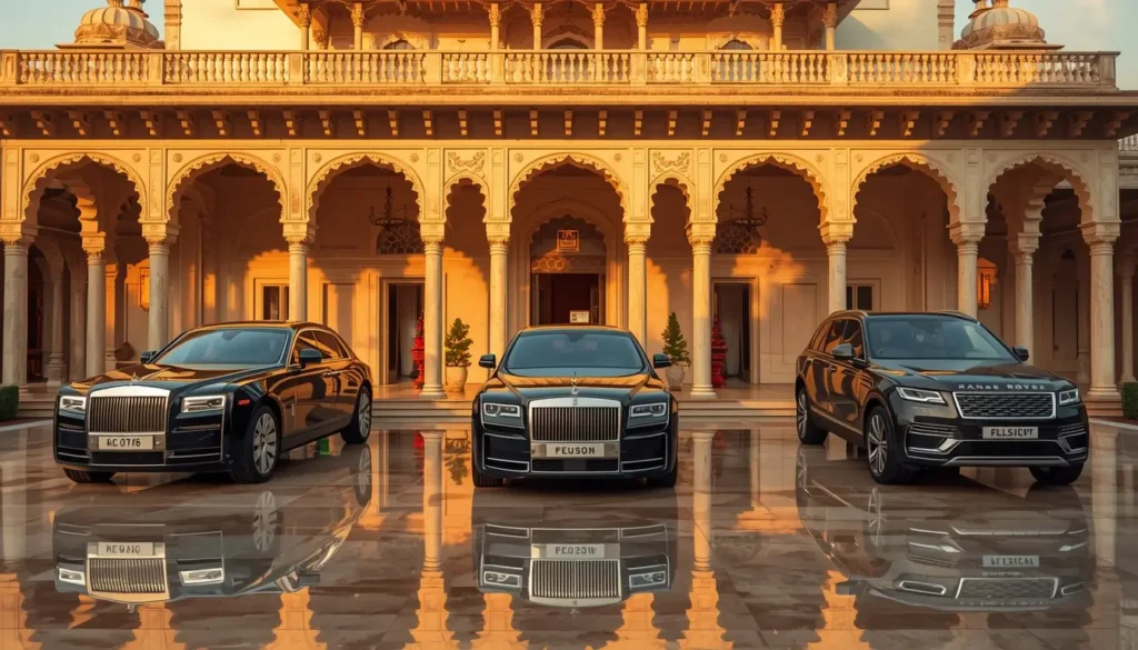 4k-car-wallpaper showing luxury cars parked in front of a royal Indian haveli with golden hour lighting