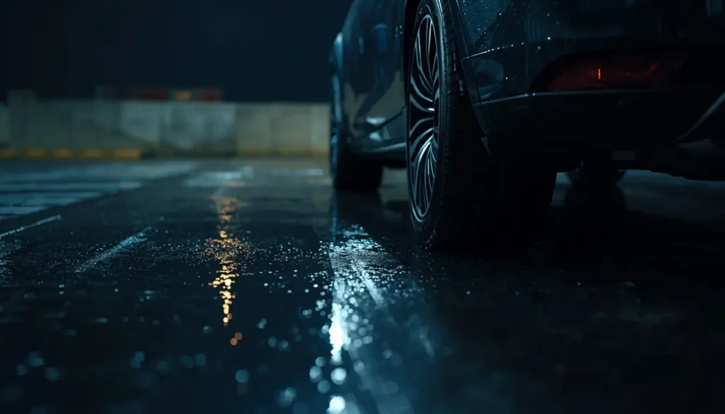 Low-angle night view of a car on wet concrete with reflections, captured as 4k-car-wallpaper with cinematic lighting