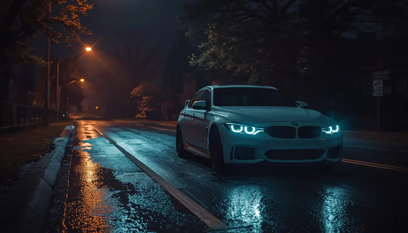 Car parked on a wet road at night with glowing headlights and reflections, captured as 4k-car-wallpaper