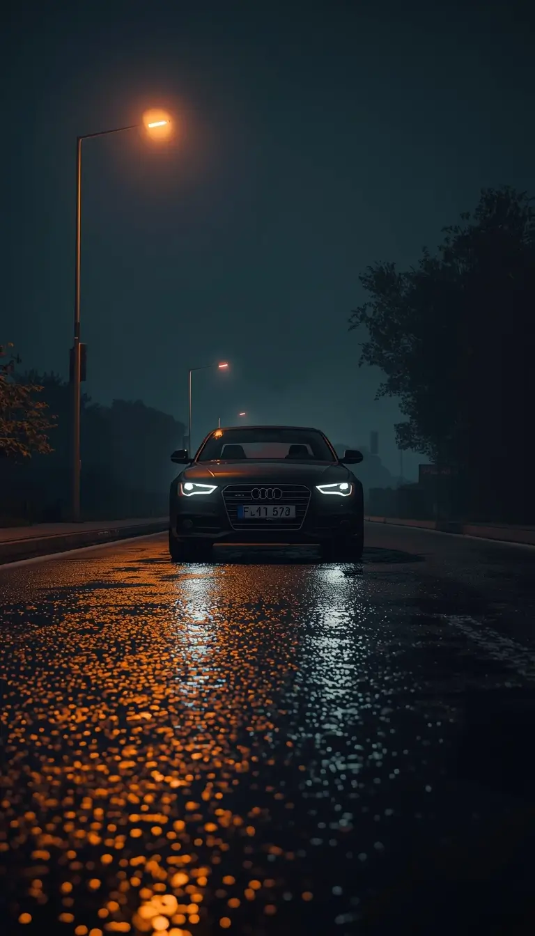 Car parked on a wet road at night under street lights with reflections, captured as 4k-car-wallpaper