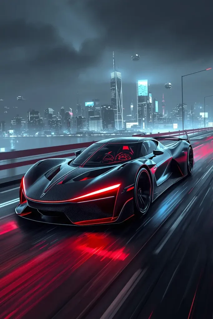 4K car wallpaper of a futuristic black hypercar driving fast through a neon city skyline at night with red LED accents