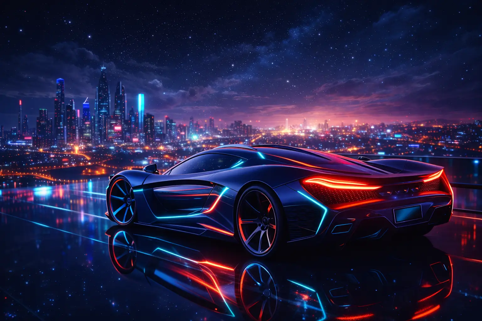 4K car wallpaper of a futuristic hypercar with neon lights parked above a glowing city skyline at night