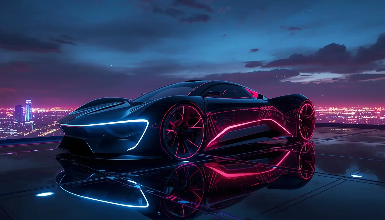 4K car wallpaper of a futuristic neon hypercar parked on a reflective surface with city lights and dramatic night sky