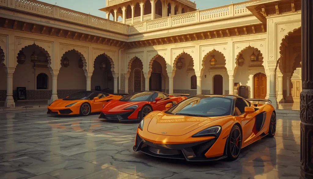 4k-car-wallpaper showing luxury supercars parked in a royal Indian palace courtyard with traditional architecture