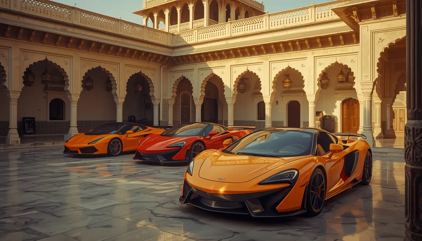 4k-car-wallpaper showing luxury supercars parked in a royal Indian palace courtyard with traditional architecture
