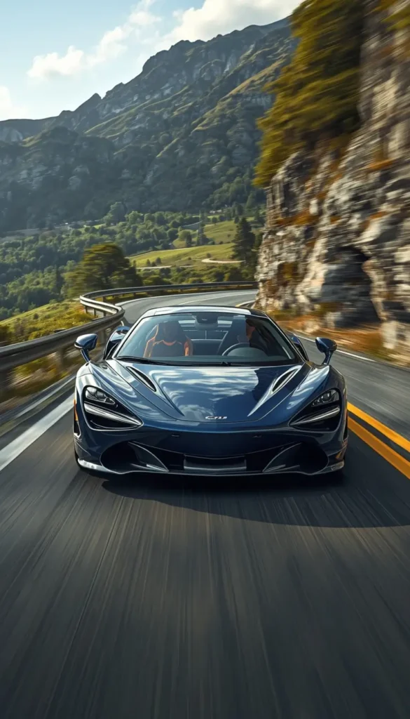 4k-car-wallpaper of a luxury supercar driving fast on a winding mountain road with scenic green hills