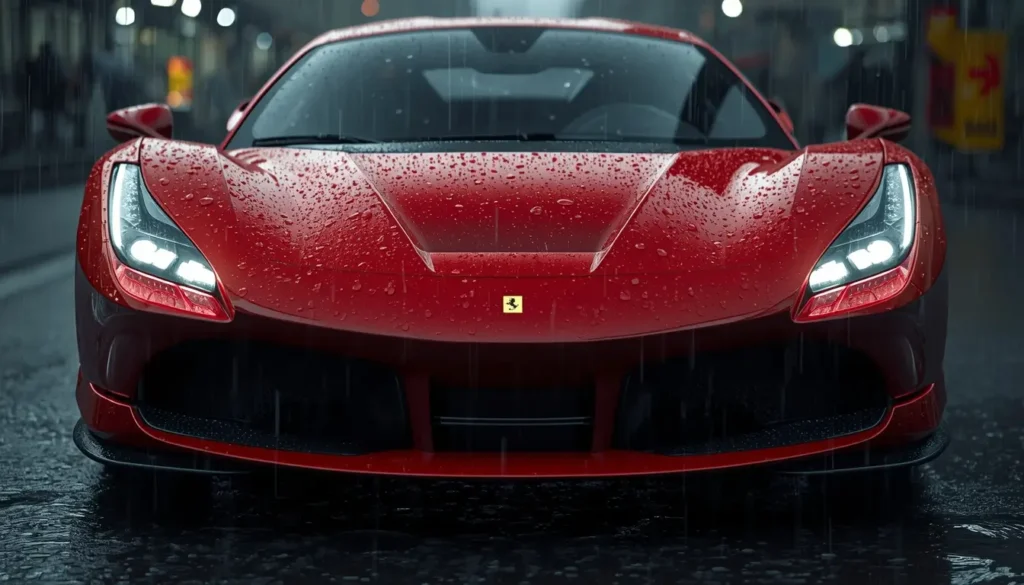 4k-car-wallpaper showing a red luxury supercar in heavy rain at night with water droplets and dramatic lighting