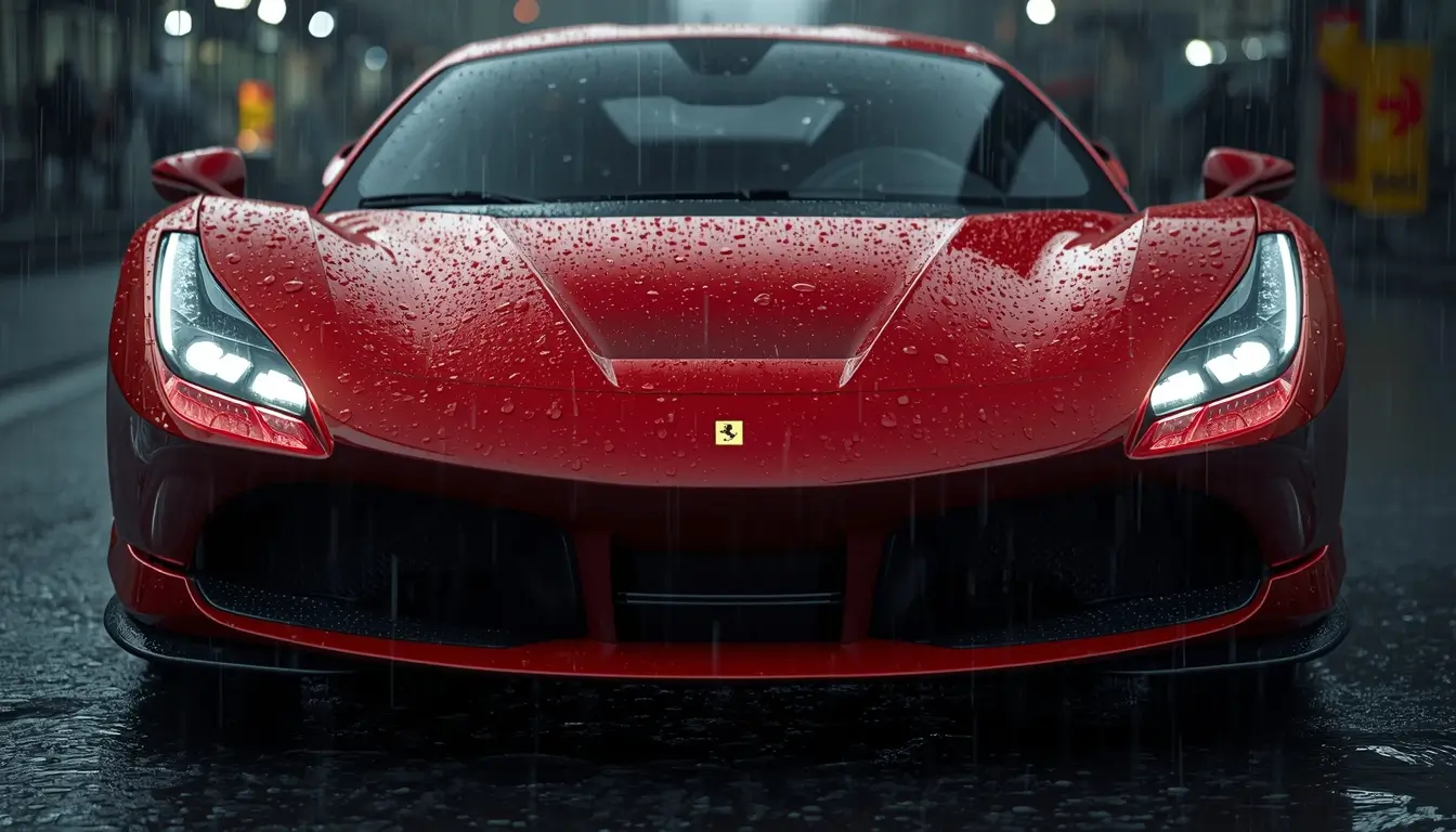 4k-car-wallpaper showing a red luxury supercar in heavy rain at night with water droplets and dramatic lighting