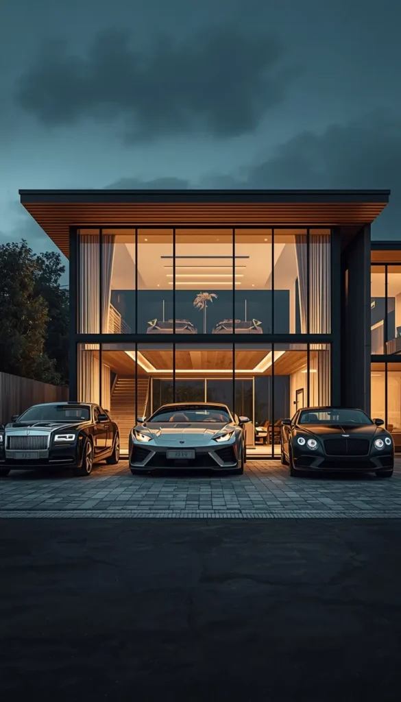 4k-car-wallpaper featuring luxury supercars parked outside a modern glass villa at night with elegant lighting