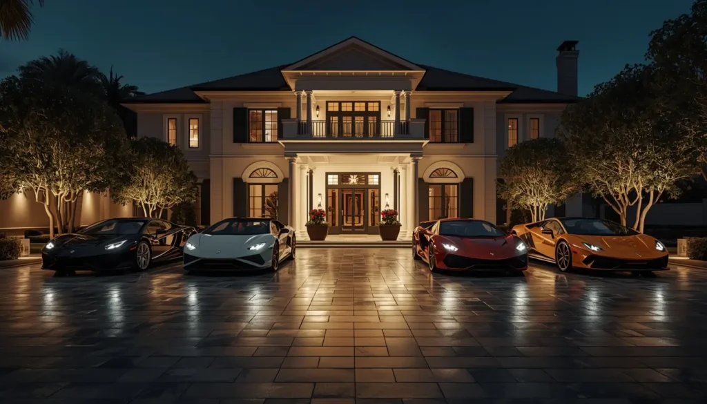 4k-car-wallpaper showing exotic supercars parked outside a luxury mansion at night with elegant lighting