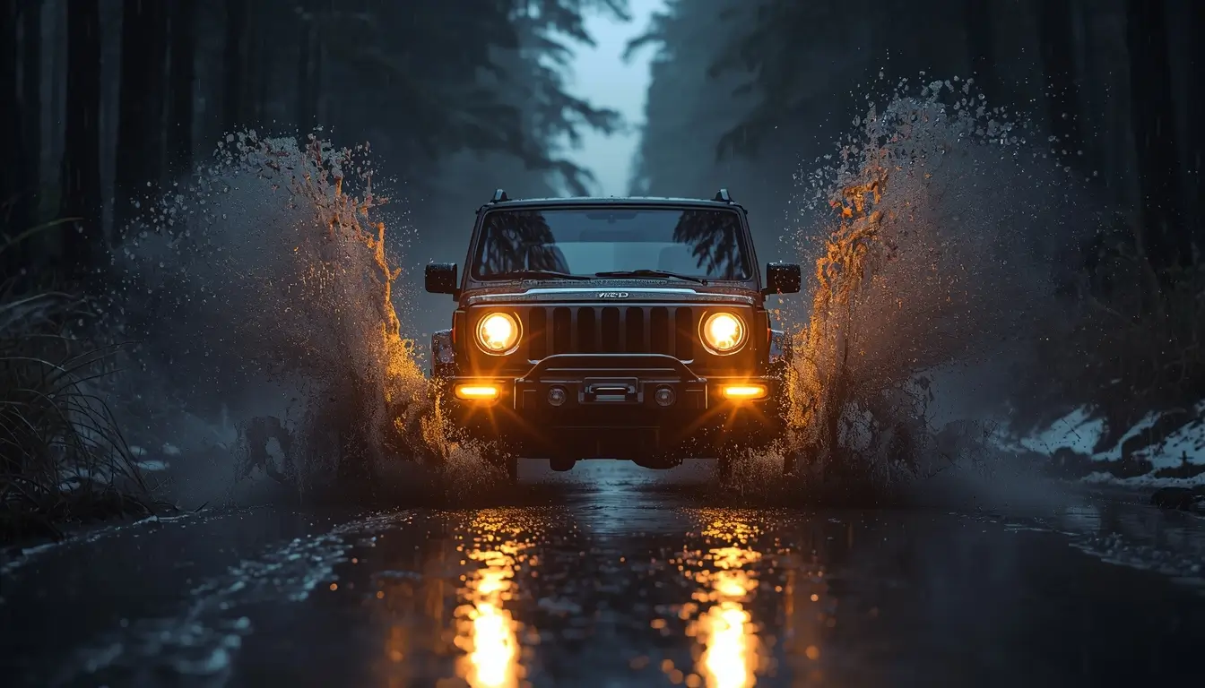 4K car wallpaper of a black off-road SUV driving through a wet forest road at night with water splashes and glowing headlights