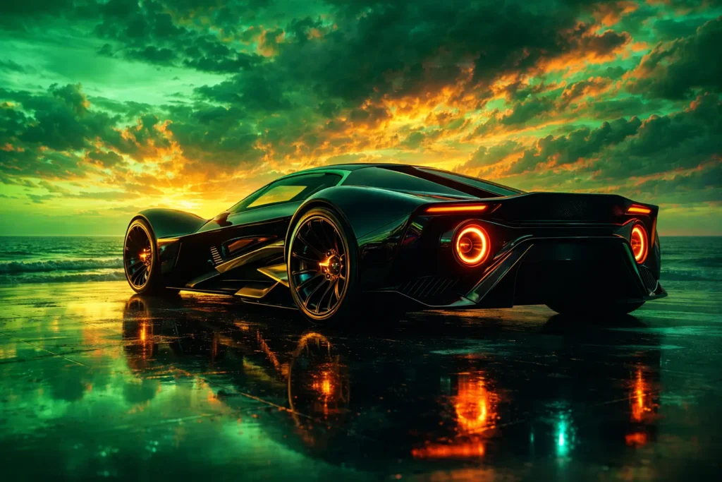 Black hypercar parked on wet road at sunset with neon reflections, cinematic 4k car wallpaper for iPhone screens