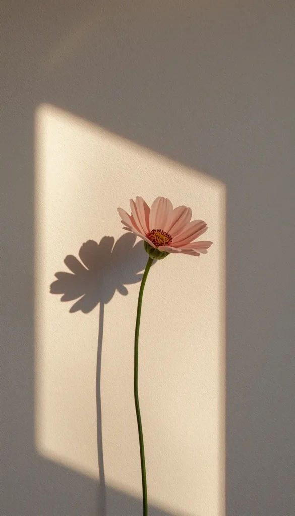 Aesthetic flower wallpaper showing a single pink flower with a long stem casting a soft shadow on a sunlit textured wall.