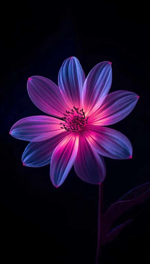 Glowing neon flower with pink and blue tones on dark background, fantasy style aesthetic flower wallpaper