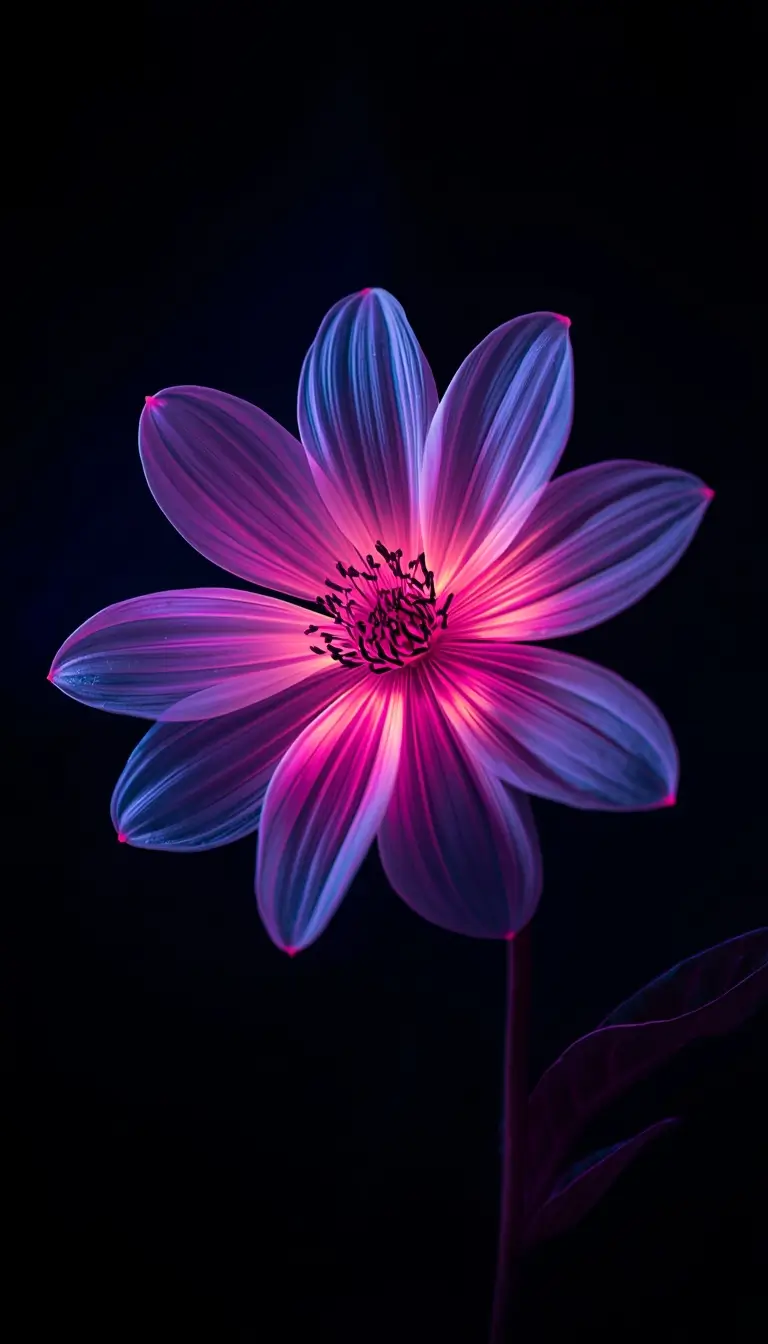 Glowing neon flower with pink and blue tones on dark background, fantasy style aesthetic flower wallpaper
