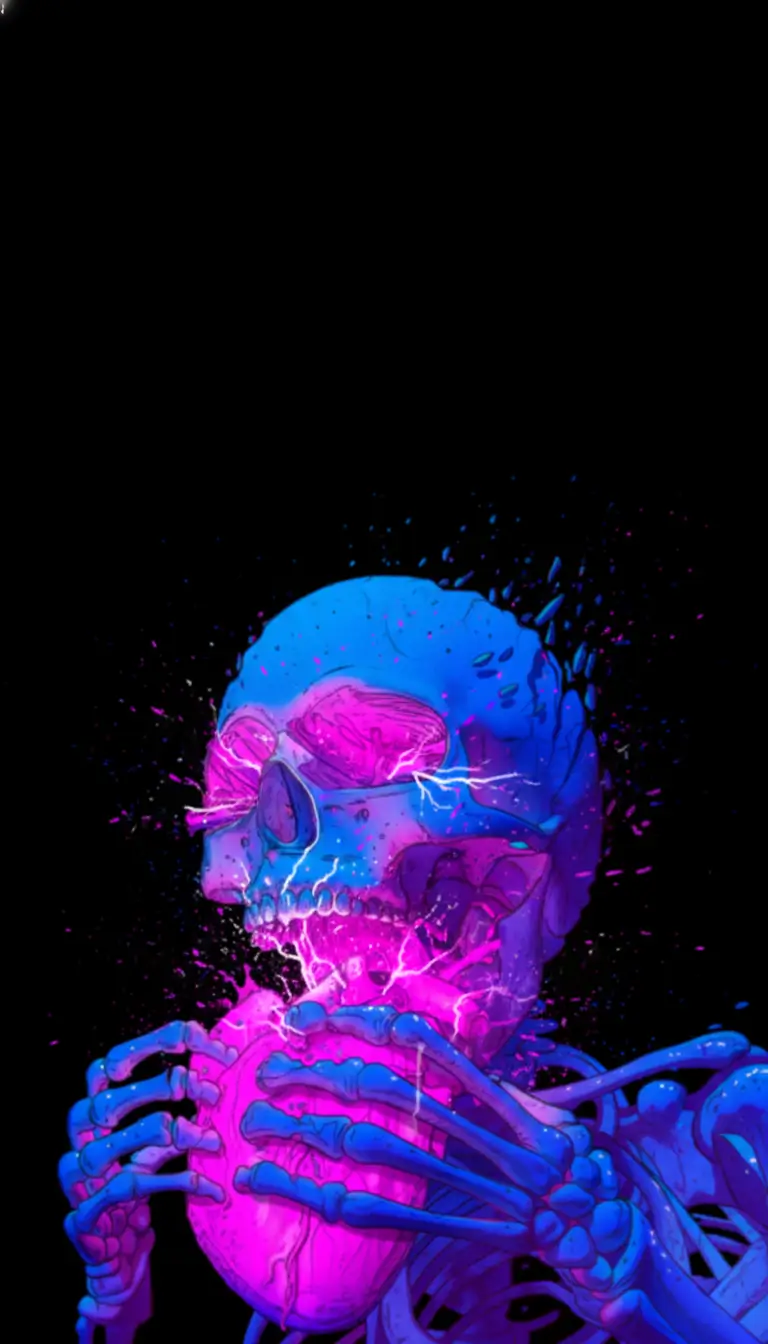 Neon glowing skeleton in blue and pink on pure black background, ultra HD AMOLED 3D wallpaper with deep contrast