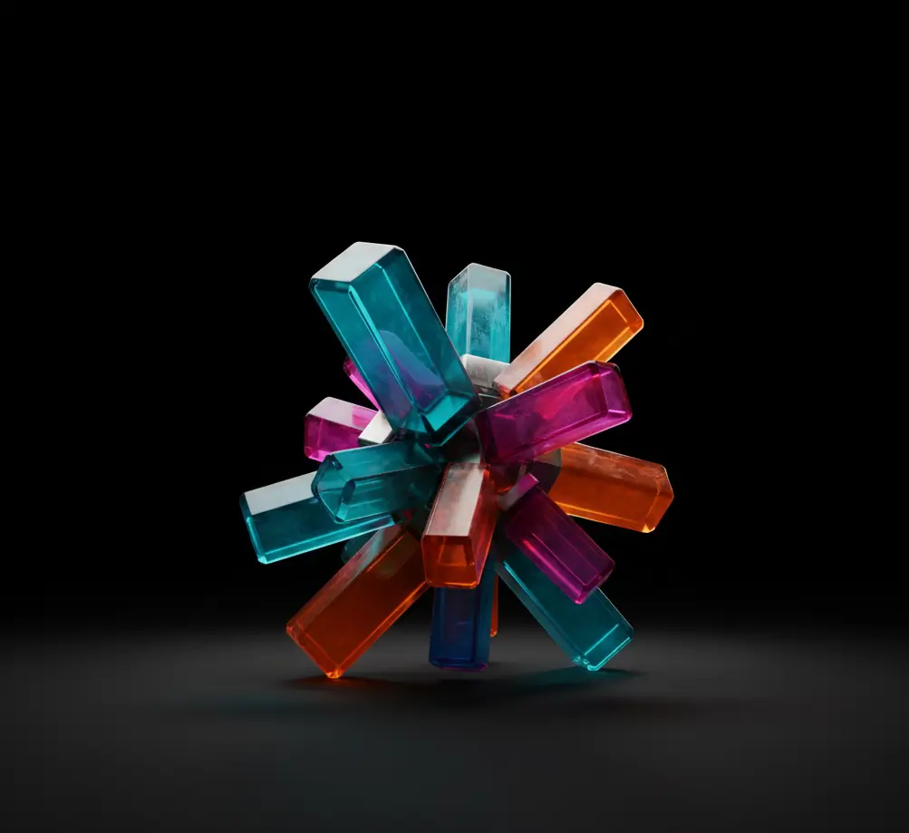 Colorful 3D crystal blocks on pure black background, AMOLED 3D wallpaper 4K with vibrant glass textures