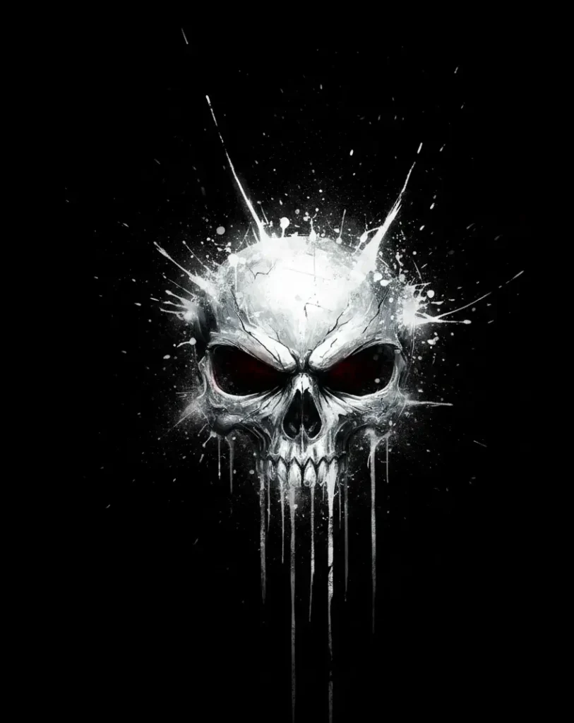 Dark skull illustration on pure black background, ultra HD 4K AMOLED black wallpaper with high contrast details