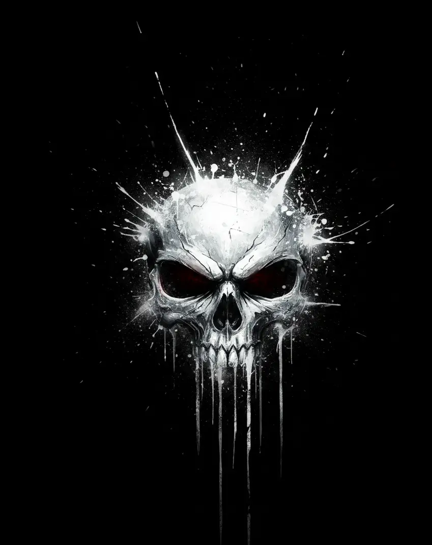 Dark skull illustration on pure black background, ultra HD 4K AMOLED black wallpaper with high contrast details