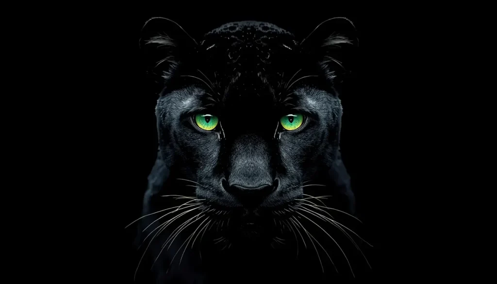 Black panther with glowing green eyes on true black background, AMOLED black wallpaper 4K for dark AMOLED displays