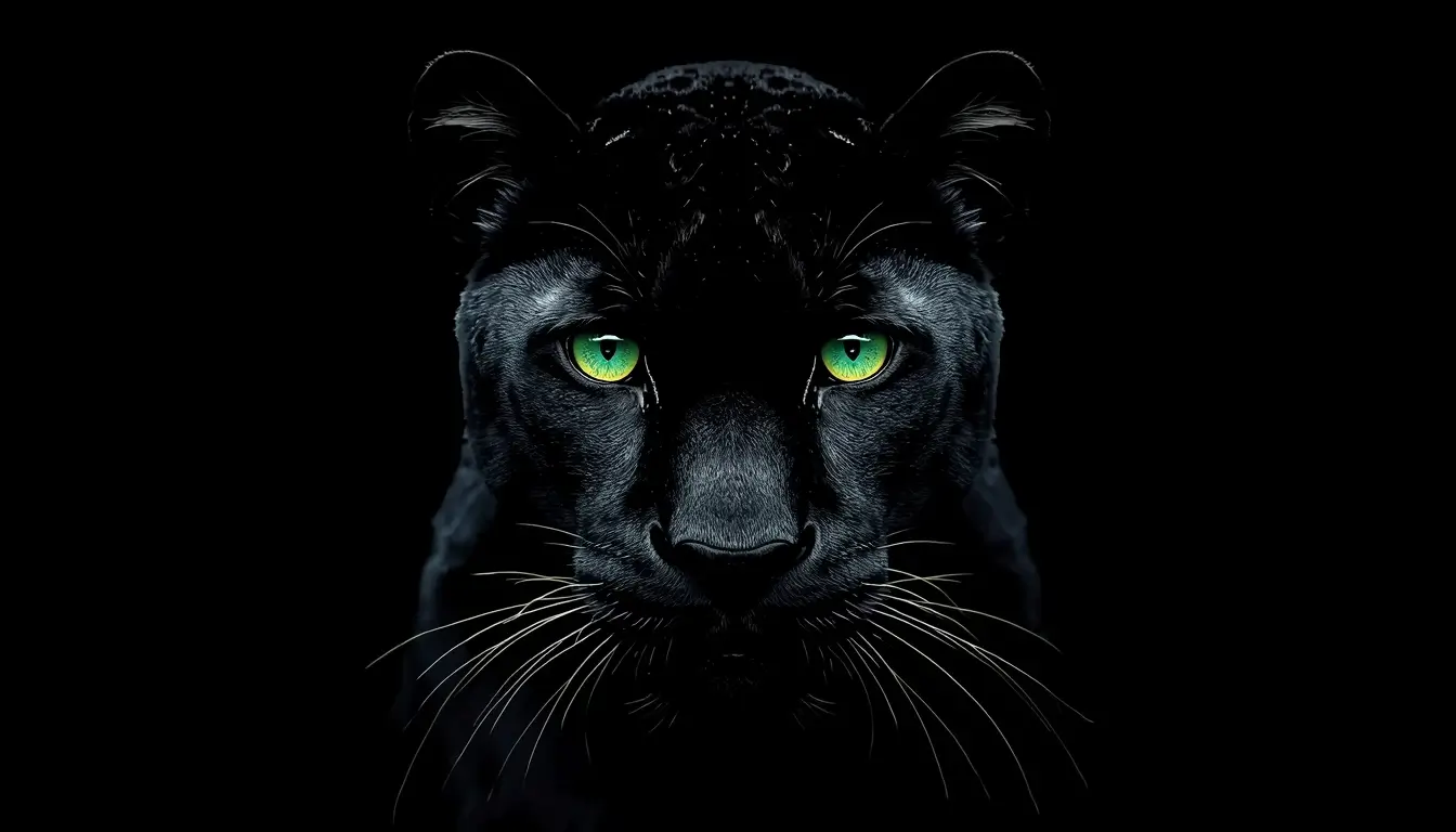 Black panther with glowing green eyes on true black background, AMOLED black wallpaper 4K for dark AMOLED displays