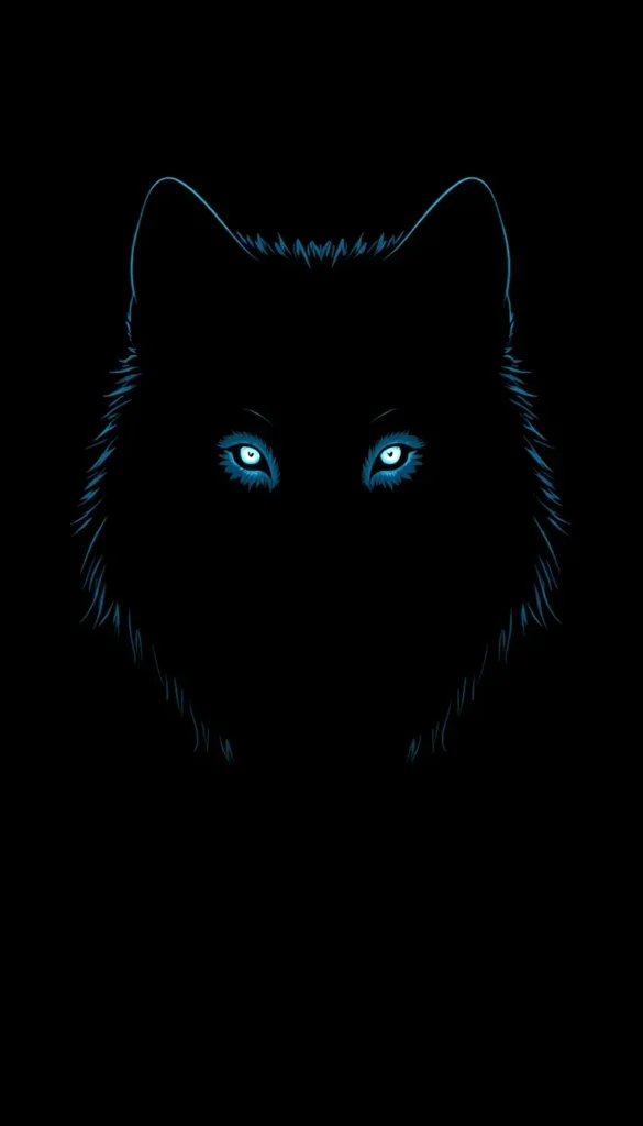 Glowing wolf silhouette with blue eyes on pure black background, dark AMOLED wallpaper in 4K resolution