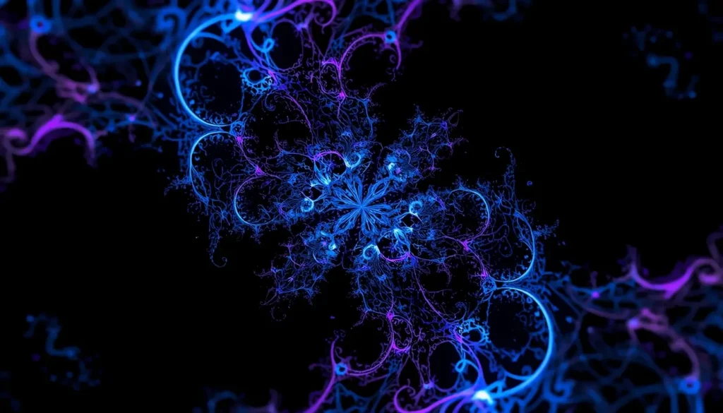 An ultra-dark AMOLED wallpaper featuring an intricate neon fractal pattern glowing in electric blue and purple tones. Set against deep pure black, this design maximizes contrast and visual depth while preserving true blacks on OLED screens. Ideal for fans of abstract art and futuristic styles, this 4K AMOLED wallpaper delivers crisp details, immersive symmetry, and a striking modern look for high-resolution displays.