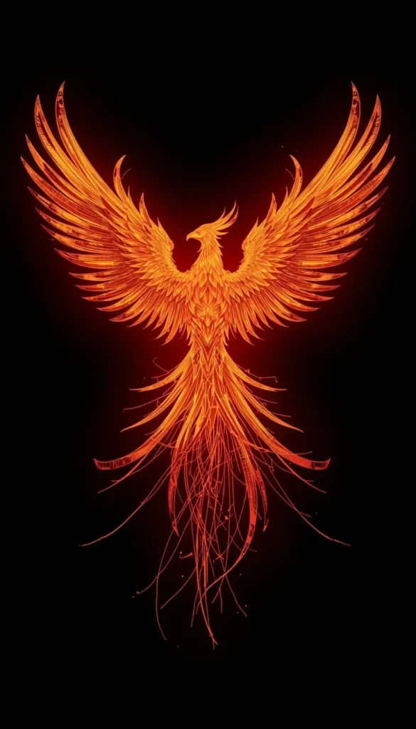 Fiery phoenix with glowing wings and ember trails on pure black background, fantasy AMOLED wallpaper in 4K