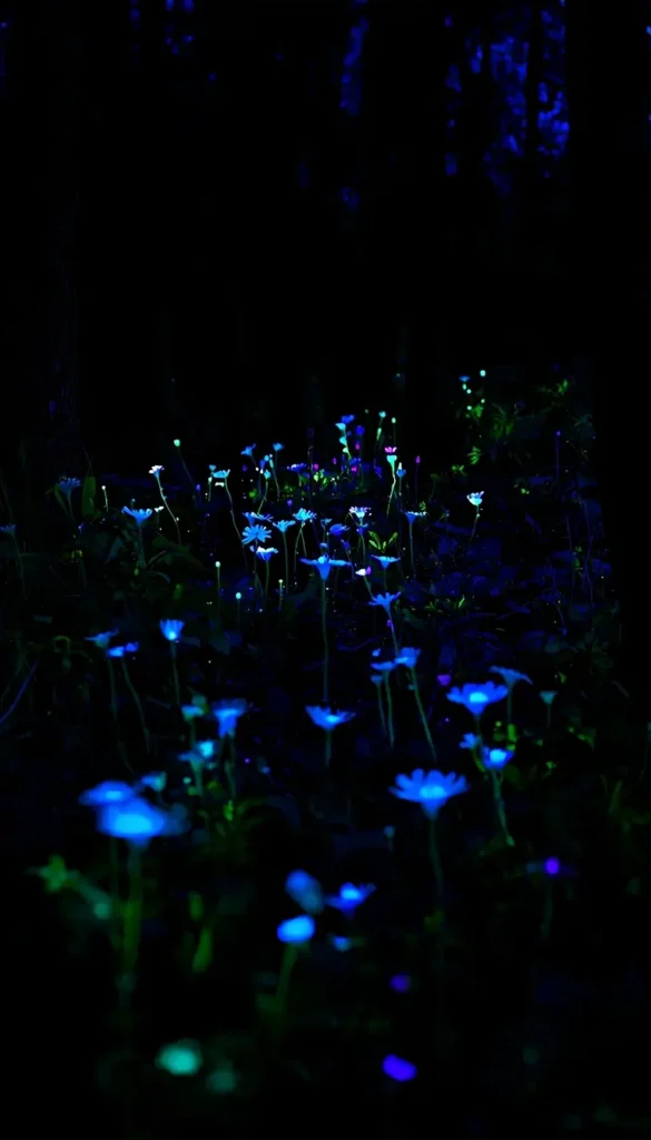 Glowing bioluminescent flowers in a dark forest with deep black background, nature AMOLED wallpaper in 4K