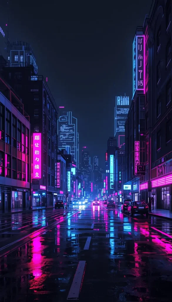 Neon cyberpunk city street at night with wet road reflections and dark sky, ultra HD AMOLED wallpaper