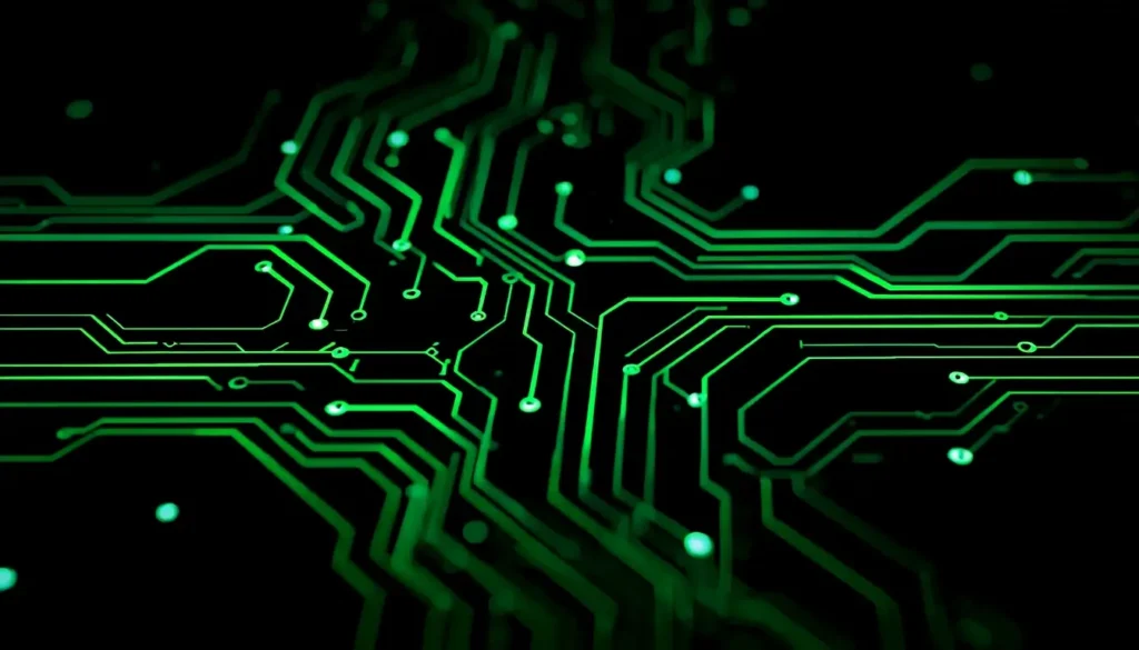 Glowing neon green circuit lines on true black background, futuristic tech AMOLED wallpaper in 4K