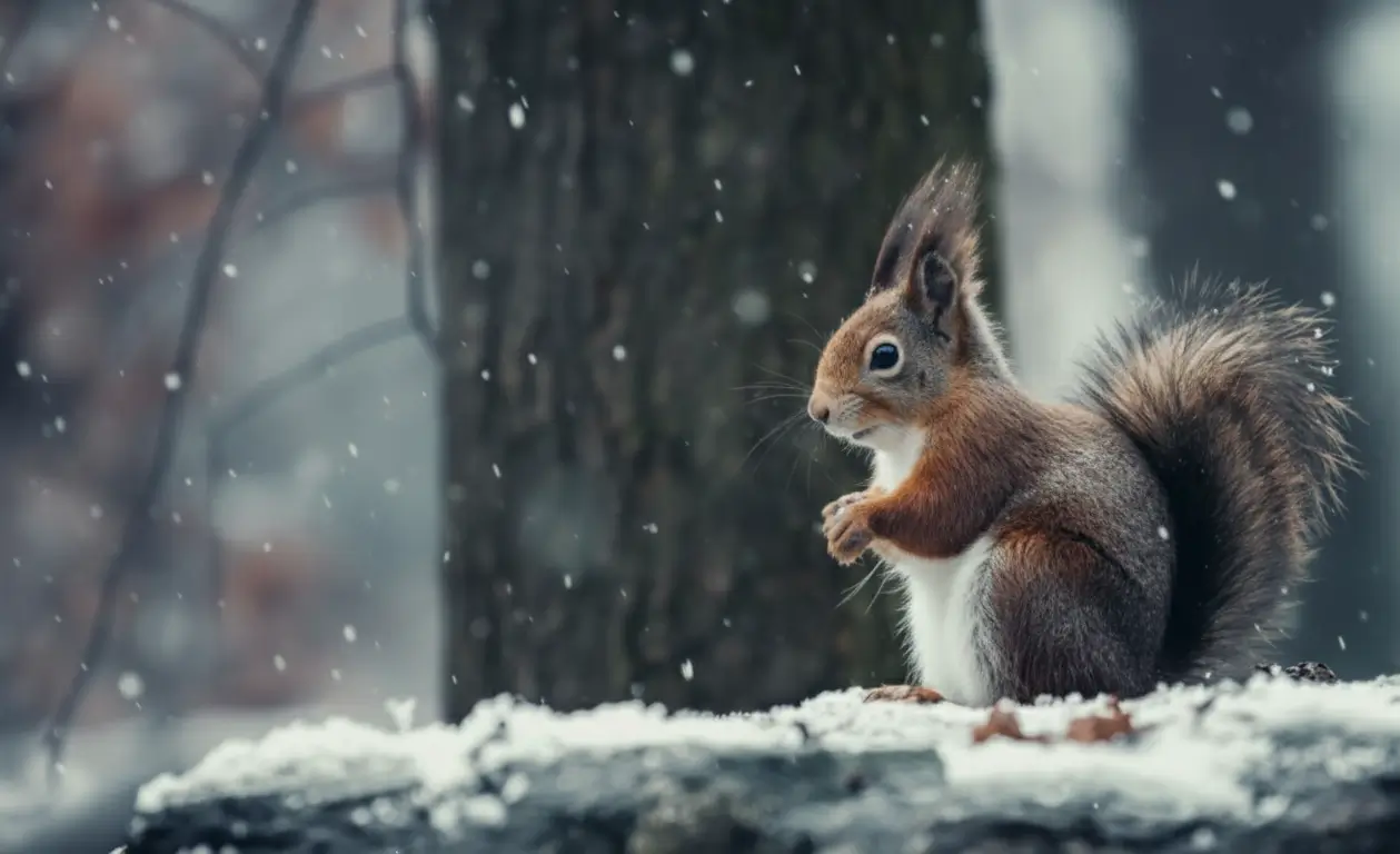 Cute squirrel sitting on snow in a winter forest with falling snow, peaceful wildlife animal wallpaper