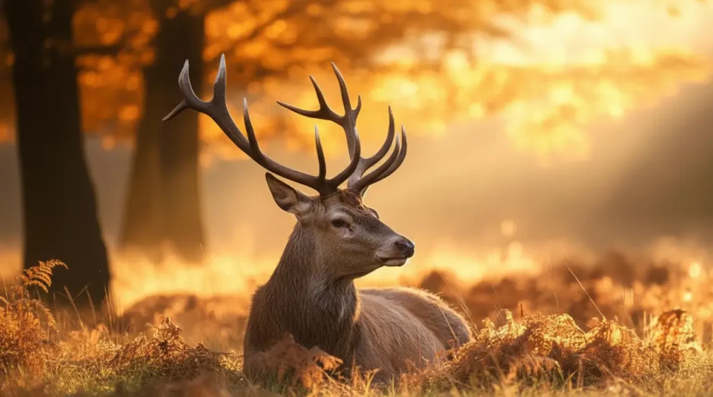 Majestic deer with large antlers resting in a golden autumn forest at sunrise, warm wildlife animal wallpaper