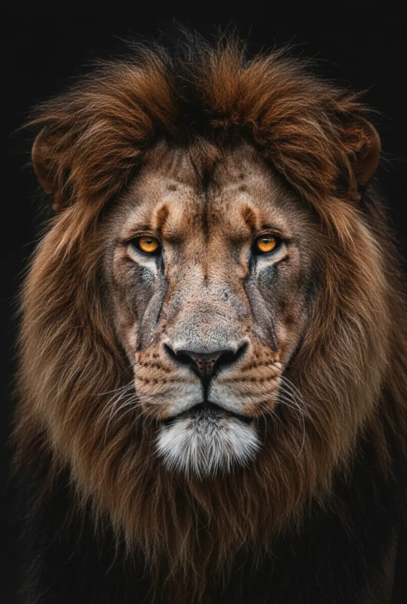 Close-up portrait of a majestic lion with intense eyes on a black background, dramatic wildlife animal wallpaper