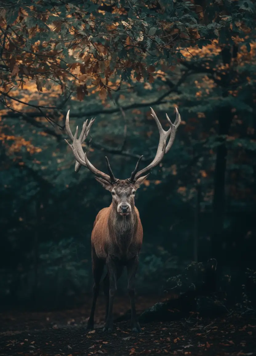Majestic deer with large antlers standing in a dark forest, cinematic wildlife animal wallpaper for nature and wildlife lovers