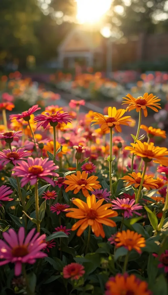 Beautiful flower wallpaper showing colorful garden flowers glowing in golden hour sunlight with a soft, vibrant background.