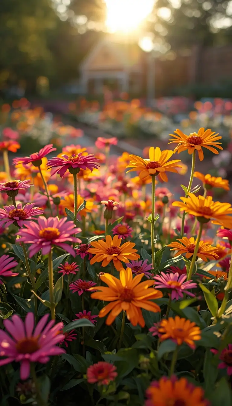 Beautiful flower wallpaper showing colorful garden flowers glowing in golden hour sunlight with a soft, vibrant background.