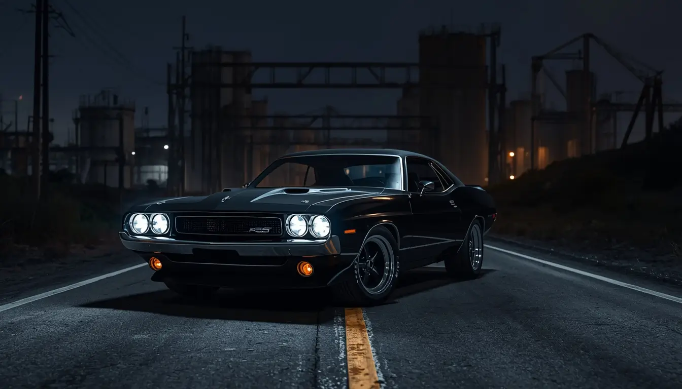 Classic black muscle car parked on an industrial road at night, captured as black-car-wallpaper-4k