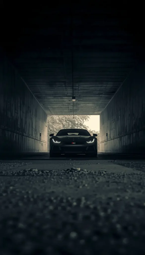 Black sports car standing inside a dark tunnel with glowing headlights, captured as black-car-wallpaper-4k