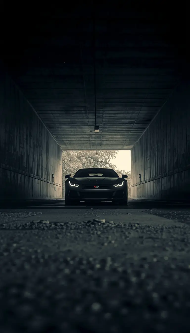 Black sports car standing inside a dark tunnel with glowing headlights, captured as black-car-wallpaper-4k