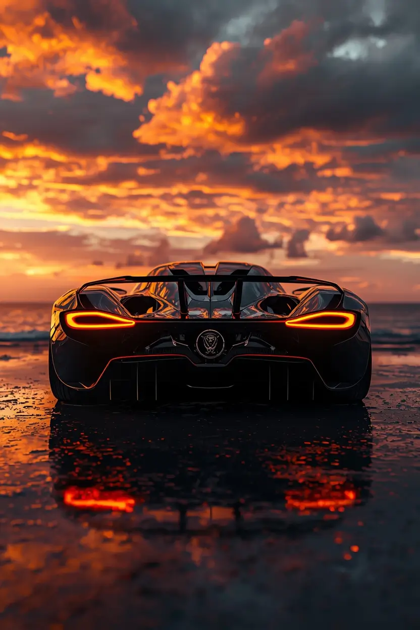 Black car wallpaper 4K of a futuristic hypercar viewed from the rear on a beach at sunset with glowing taillights
