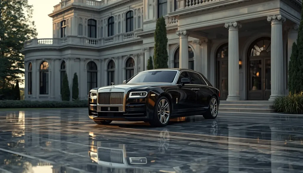 Black luxury sedan parked outside a grand mansion, captured in black-car-wallpaper-4k quality with cinematic lighting