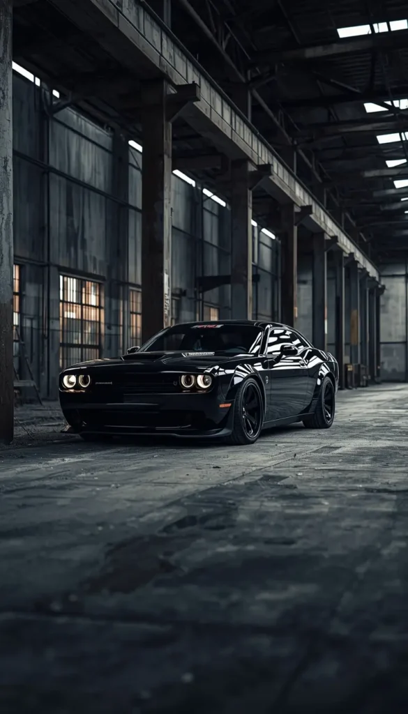 Black muscle car parked inside an industrial warehouse, captured as black-car-wallpaper-4k with moody lighting