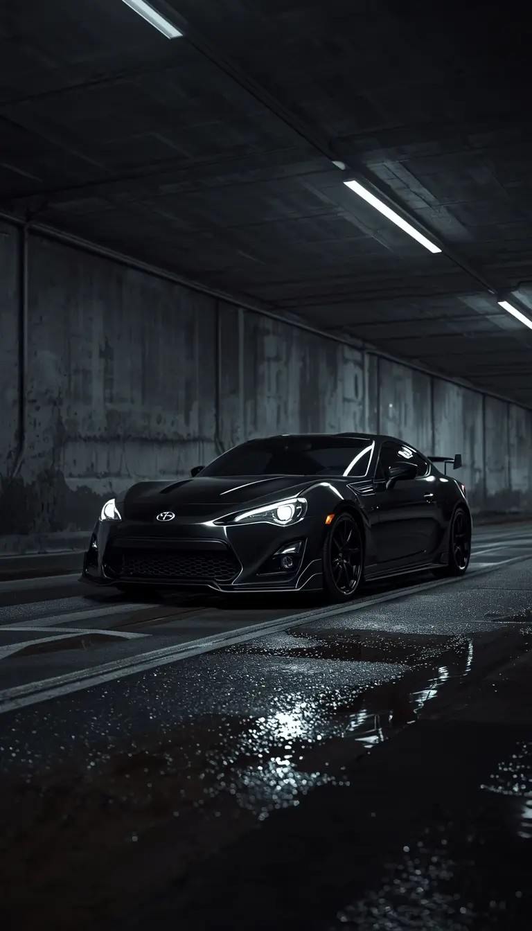 Black sports car parked inside a tunnel with wet road reflections, captured as black-car-wallpaper-4k