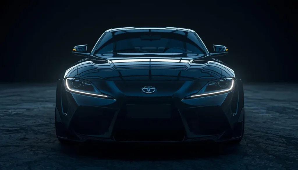 Front view of a black sports car with glowing headlights in a dark studio, captured as black-car-wallpaper-4k